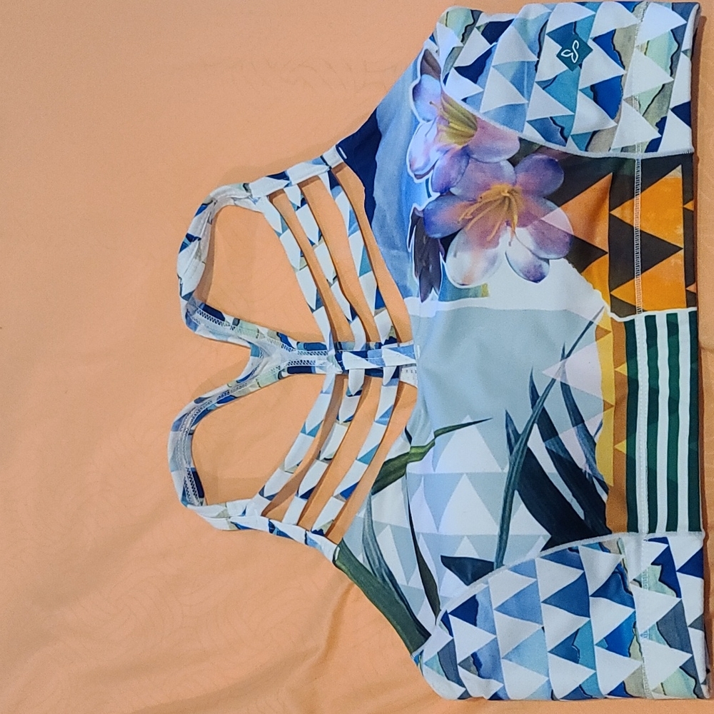 Prana, lattice front yoga bra, tropical print, M.